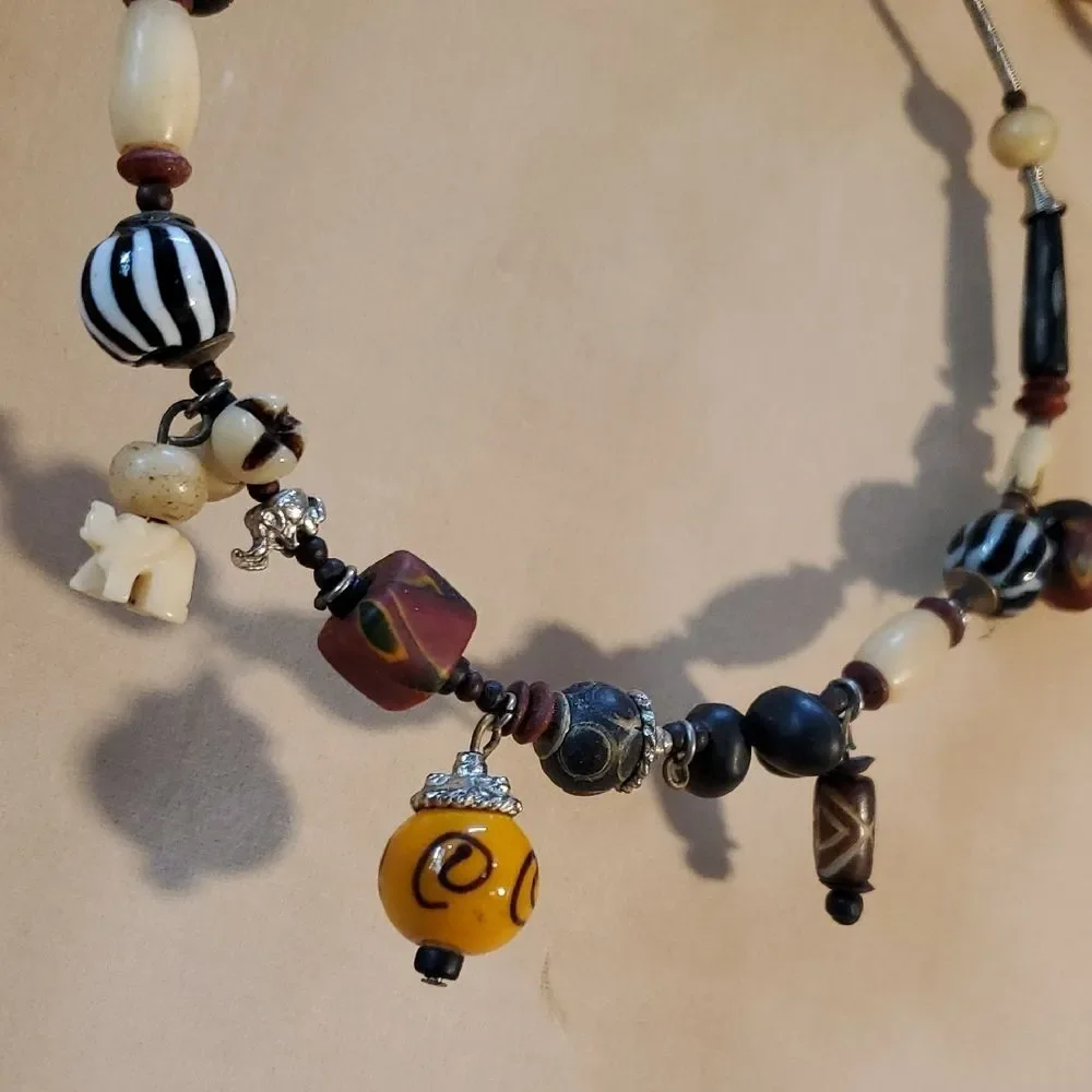 Bohemian Beaded Necklace Choker with Orange and Black Accents Tribal Aztec